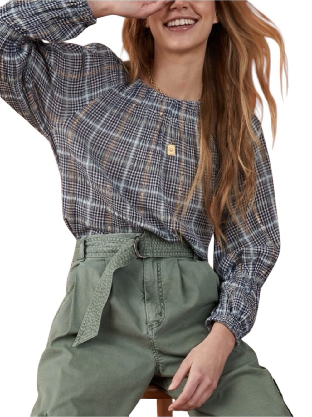 Anthropologie Pilcro Shari Smocked Long Sleeve Cotton Blouse Top Shirt XL Blue